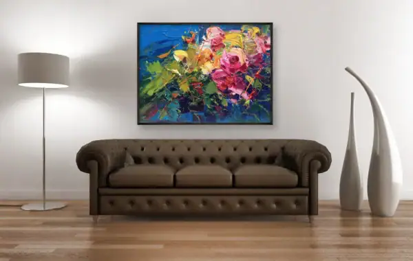 An expressive floral oil painting on canvas creating a sophisticated focal point in a luxury room with a classic brown leather sofa.