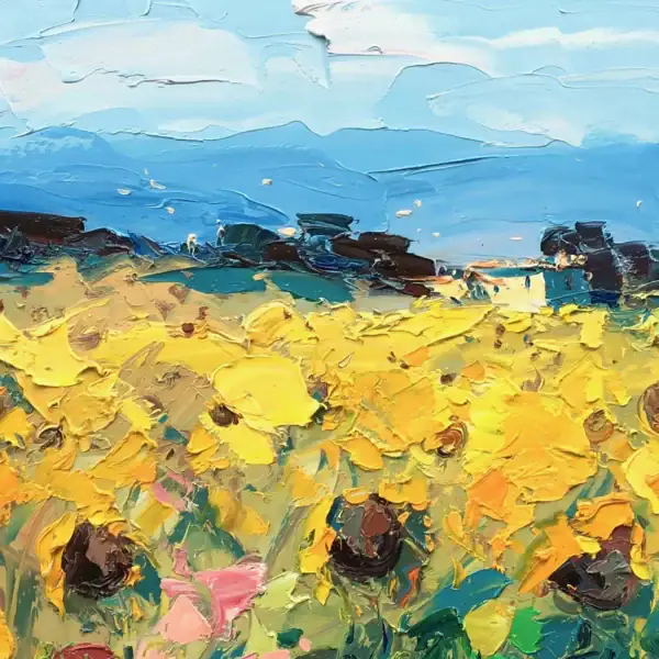 Macro detail of the blue sky and Tuscan hills in a vibrant impressionist sunflower painting, showing thick palette knife work.