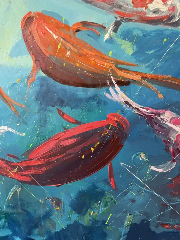 A macro detail of the center canvas capturing the energetic, sculptural palette knife applications of red and orange paint representing fluid aquatic life.