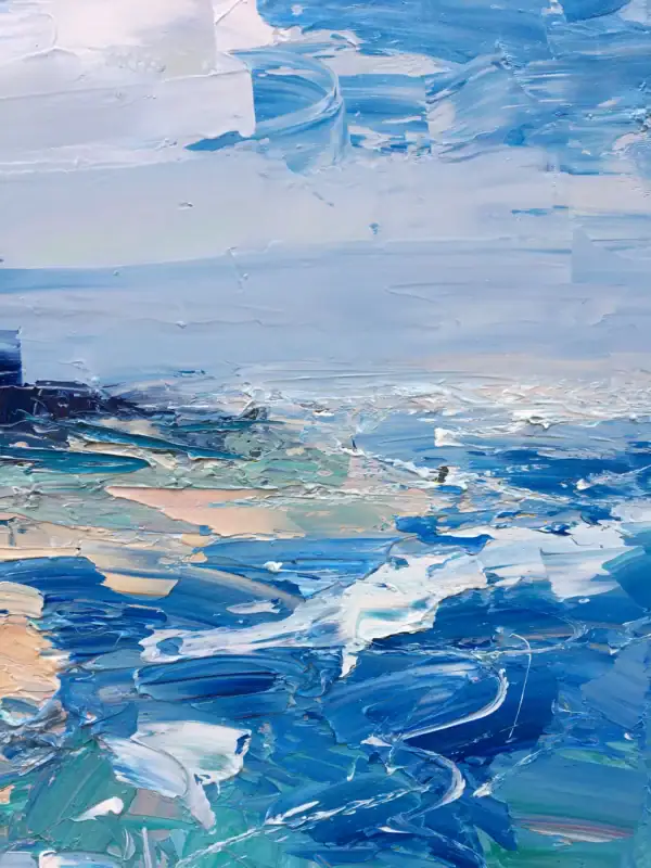 Vertical macro view capturing the intense depth and fluid movement of emerald, cobalt blue, and teal oil paint layers.