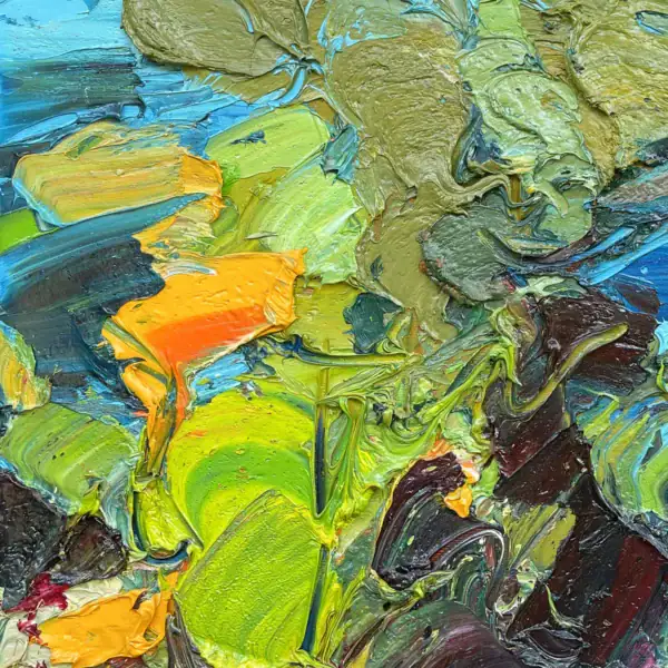 Detailed view focusing on the thick oil paint layers of bright orange and yellow blossoms emerging from textured olive green cactus pads.