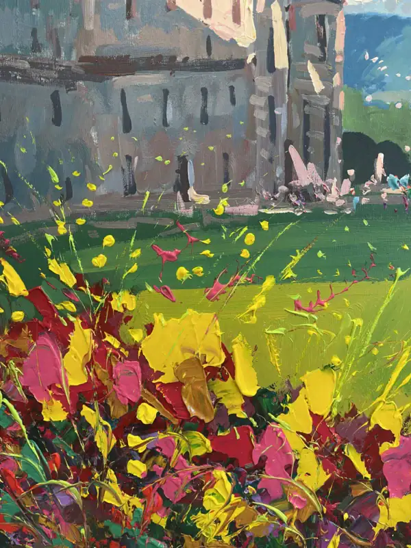 Macro view of the lower section, highlighting the rich sculptural palette knife strokes of red coral, magenta, and yellow blossoms.