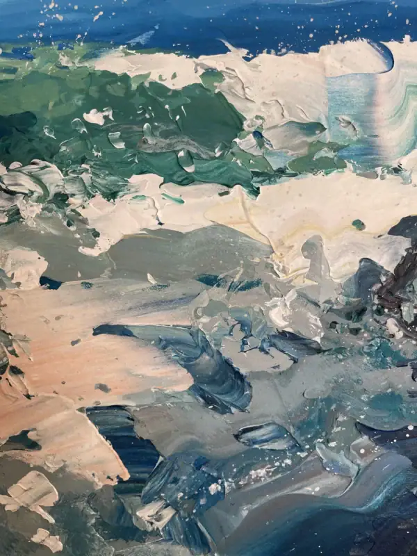 Close-up palette knife detail focusing on the thick white paint layers and texture of the splashing sea foam.