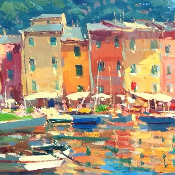 Palette knife texture detail focusing on the vibrant pink and yellow multi-colored buildings of Portofino harbor.