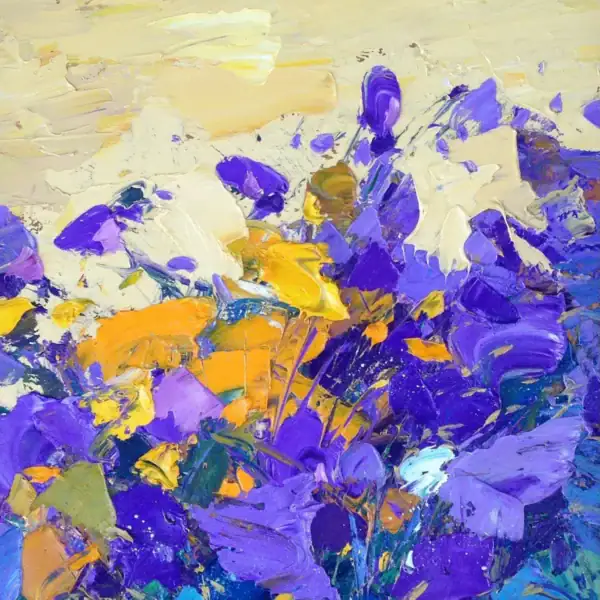 Close-up macro view focusing on the thick palette knife paint texture of the bright purple wildflower blossoms and golden sand on the vertical canvas.
