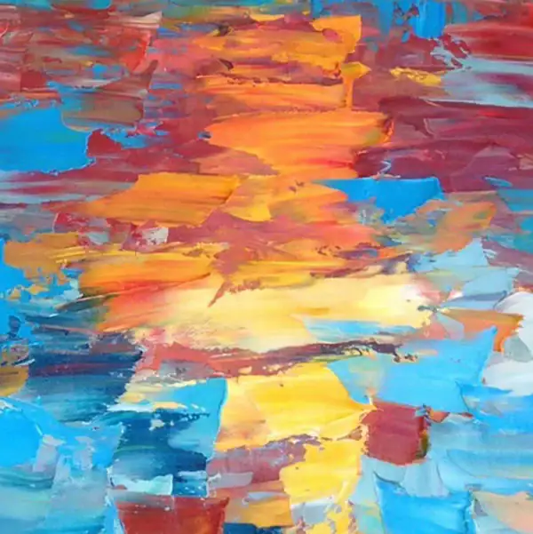 Palette knife detail focusing on luminous yellow, orange, and red sunset reflections over the sea surface.