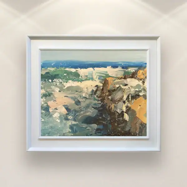 Large coastal landscape painting featuring powerful crashing waves displayed as premium wall art in a modern luxury interior.