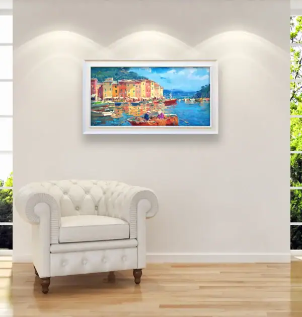 Original modern impressionist Portofino oil painting serving as a premium home decor focal point in a contemporary luxury interior with a classic armchair.