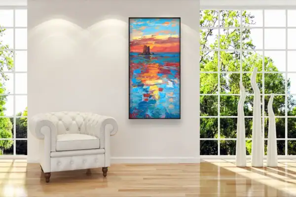 Large vertical sunset seascape oil painting serving as a premium home decor focal point in a contemporary luxury living room.