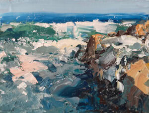 Modern impressionist Original Ocean Waves Oil Painting depicting powerful crashing waves and white foam on rugged coastal rocks.