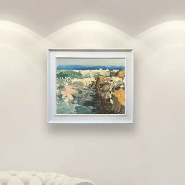 Framed original ocean waves oil painting showcased as luxury home decor on a contemporary living room wall.