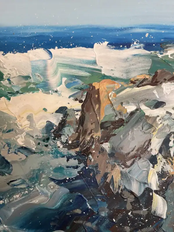 Macro view of a modern impressionist seascape painting highlighting deep turquoise water crashing against rugged coastal rocks.