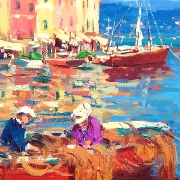 Close-up macro detail of fishermen on a boat and warm impasto water reflections from an original Portofino oil painting.