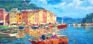 Modern impressionist Original Portofino Oil Painting depicting the colorful houses, harbor, and boats of the famous Italian coastal village.