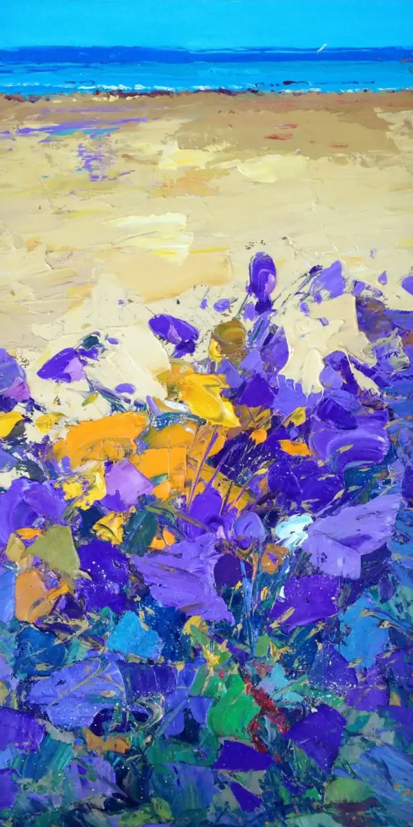 Modern impressionist vertical Original Purple Floral Beach Oil Painting depicting bright purple wildflowers on a golden sandy shore with a blue sea.