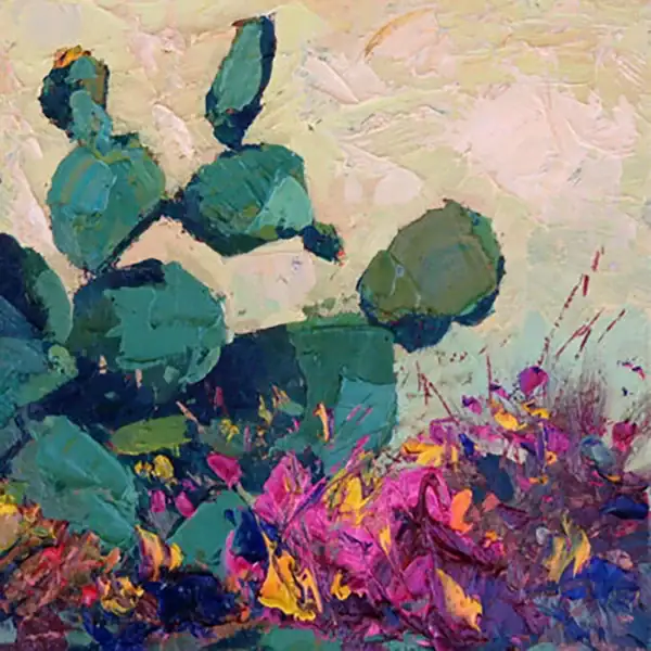 Macro view of textured green prickly pears and vibrant pink bougainvillea flowers painted with a palette knife.