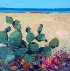Modern impressionist seascape oil painting depicting textured prickly pears on a golden sandy beach with a blue sea background.