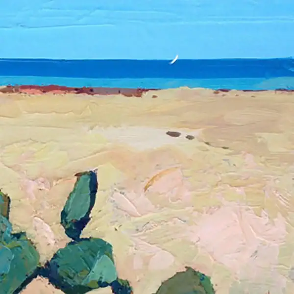 Close-up detail of blue sea and golden sandy beach with heavy impasto brushstrokes.