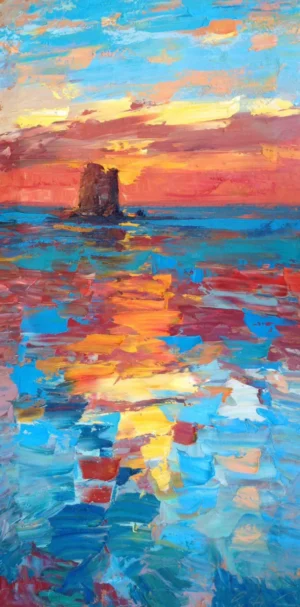 Modern impressionist seascape oil painting depicting a fiery sunset over the sea with an ancient coastal tower and heavy impasto reflections.