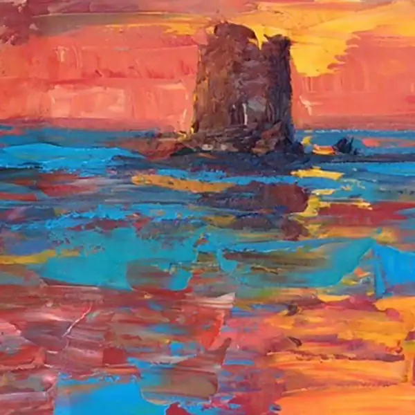 Close-up macro detail of the ancient coastal tower silhouette on the sea horizon painted with heavy impasto.