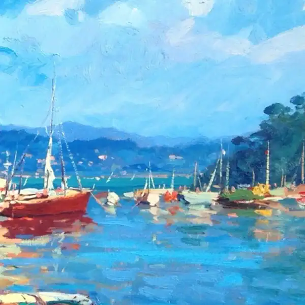 Macro view of thick premium oil paint layers showing sailboats moored in the crystal-clear waters of Portofino.
