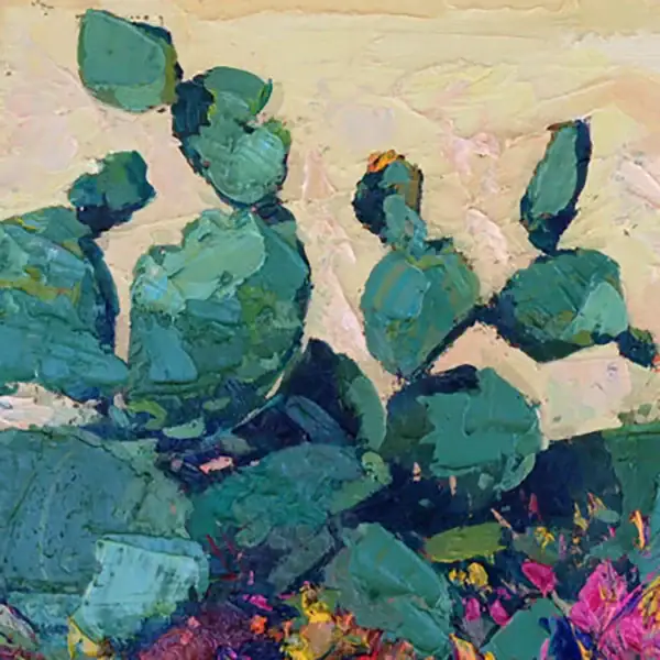 Detailed close-up of thick relief layers and palette knife strokes on coastal vegetation.