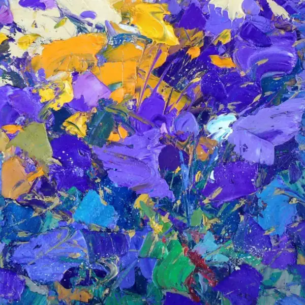 Detailed view showcasing premium oil paint texture of the deep blue Mediterranean Sea and distant horizon with the coastline from the vertical canvas.
