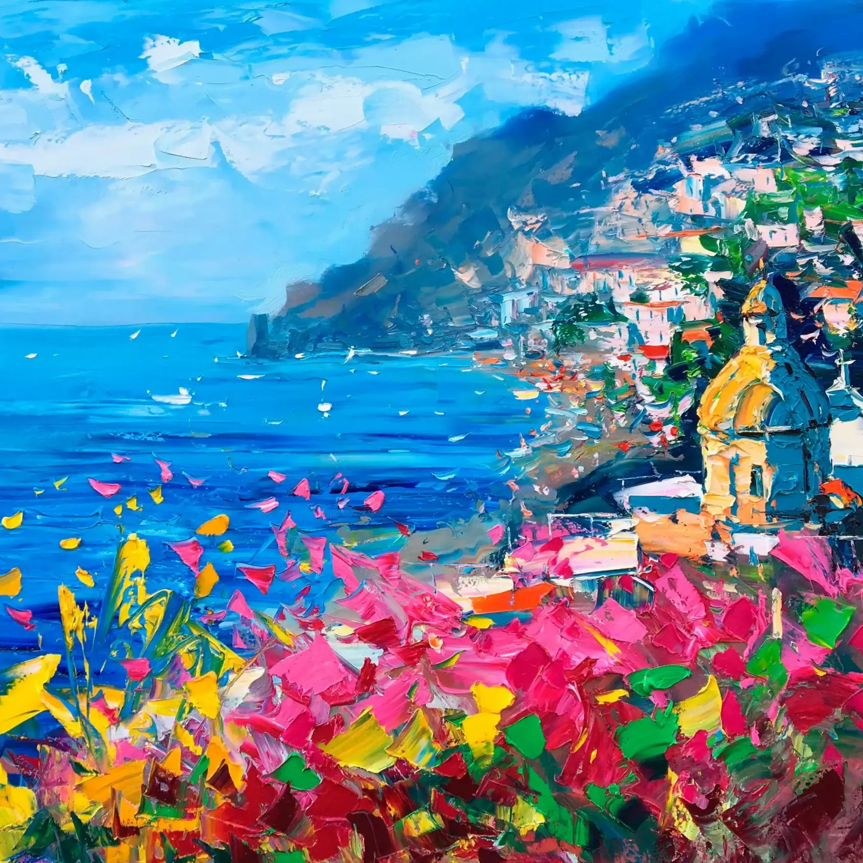 An original Positano oil painting by Agostino Veroni representing the Amalfi Coast with textured palette knife brushstrokes.