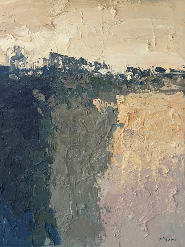 An abstract landscape oil painting by Agostino Veroni, featuring a contemporary textured nature scene in beige, blue, and grey with heavy palette knife impasto.