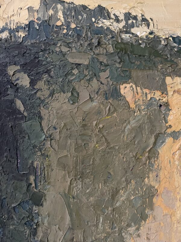 Close-up macro detail of an abstract landscape oil painting showing thick palette knife strokes and heavy impasto texture in dark grey and blue tones.