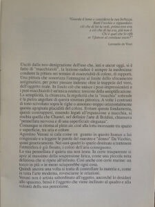 First page of the critical introduction for Agostino Veroni's solo exhibition in Bologna, featuring quotes by Leonardo da Vinci and an essay on Macchiaioli and en plein air painting.