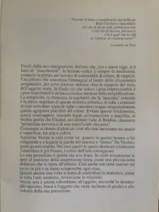 First page of the critical introduction for Agostino Veroni's solo exhibition in Bologna, featuring quotes by Leonardo da Vinci and an essay on Macchiaioli and en plein air painting.