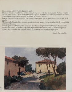 An oil painting of a Tuscan country road with houses and trees, coupled with a printed dedication by Italian Master painter Giulio Da Vicchio praising Agostino Veroni.