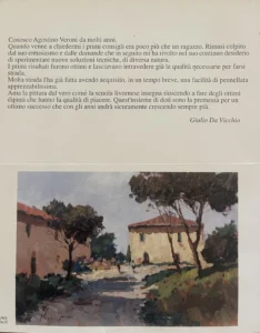 An oil painting of a Tuscan country road with houses and trees, coupled with a printed dedication by Italian Master painter Giulio Da Vicchio praising Agostino Veroni.