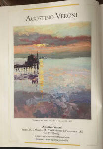 Internal book page from Mondadori Catalogo dell'Arte Moderna CAM 52 featuring Agostino Veroni sunset oil painting on canvas, a textured modern impressionism coastal landscape artwork created with palette knife and heavy impasto technique.