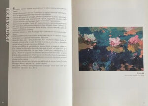 Internal page of Mondadori catalog featuring Agostino Veroni water lilies oil painting on canvas, titled Ninfee, textured modern impressionism painted with palette knife.