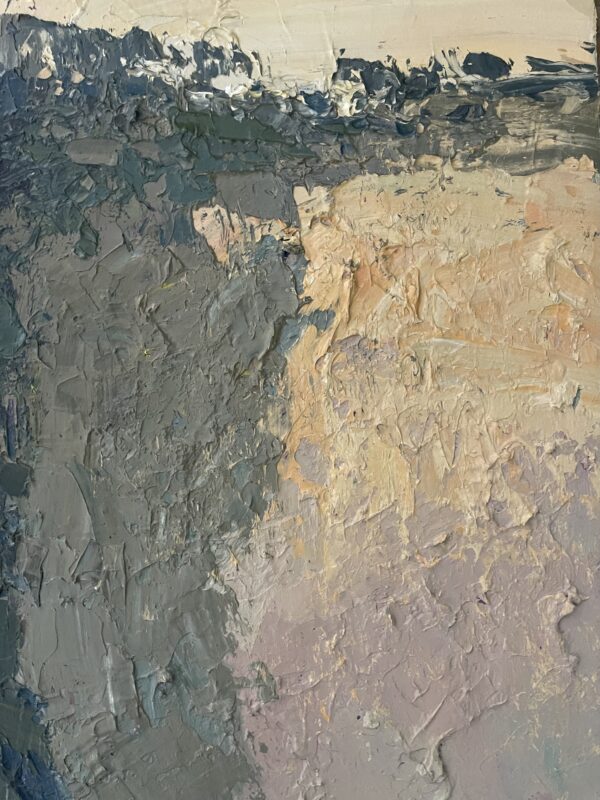 Macro detail of the sculpted surface of a contemporary abstract oil painting highlighting neutral beige and light pink textured blocks.