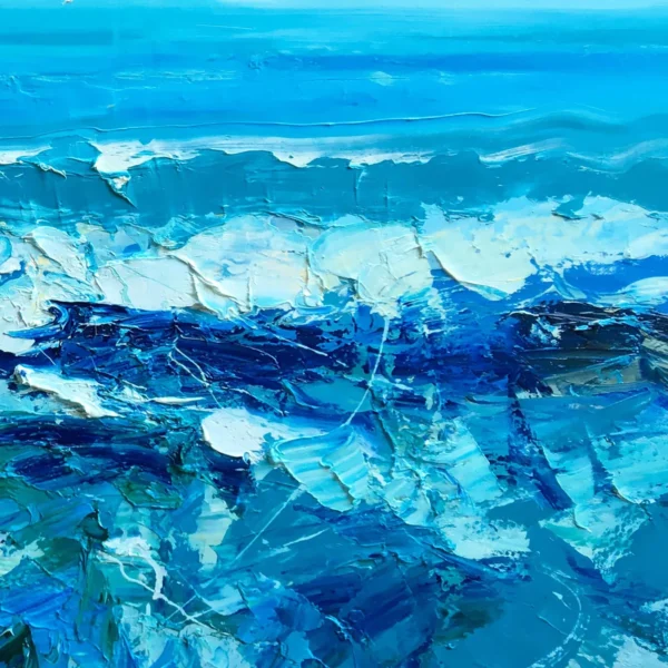 Close-up macro detail of an original ocean waves oil painting showing the textured white foam and deep blue palette knife strokes.