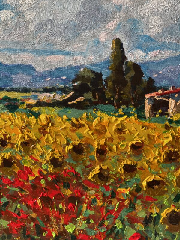This Tuscany oil painting detail shows vibrant golden sunflowers and rustic stone farmhouses. Vertical close-up view of the impressionist artwork, highlighting the thick impasto palette knife textures, warm yellow hues, terracotta roofs, and distant rolling blue hills of the Italian countryside.