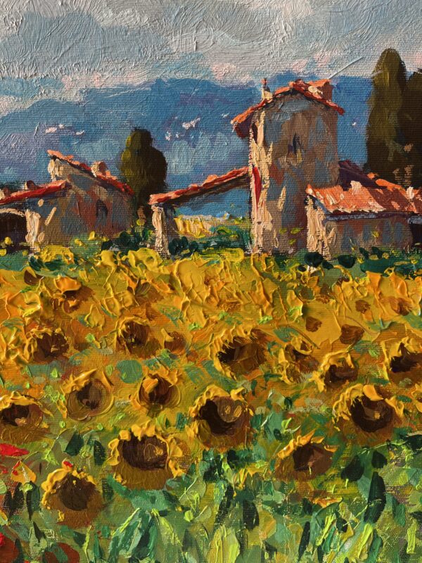 This Tuscany oil painting detail shows vibrant golden sunflowers and rustic stone farmhouses. Vertical close-up view of the impressionist artwork, highlighting the thick impasto palette knife textures, warm yellow hues, terracotta roofs, and distant rolling blue hills of the Italian countryside.