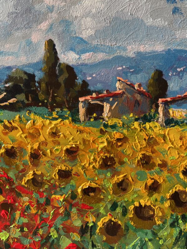 This Tuscany oil painting detail highlights a golden sunflower field with vibrant red poppy accents. Close-up vertical shot showing the heavy impasto palette knife technique and rich, raised oil textures. In the upper background, rustic stone buildings, dark green cypress trees, and soft blue rolling hills complete the Tuscan countryside scene.
