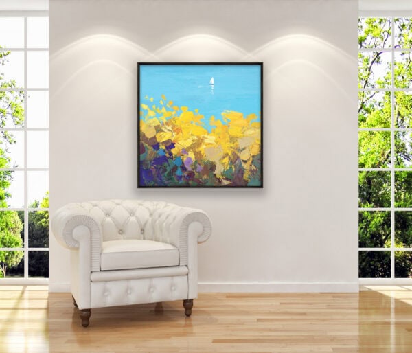 A unique piece of art representing a sailboat seascape by Agostino Veroni displayed on a wall next to an elegant white leather armchair.