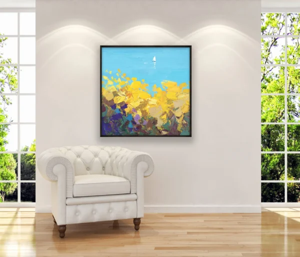 A unique piece of art representing a sailboat seascape by Agostino Veroni displayed on a wall next to an elegant white leather armchair.