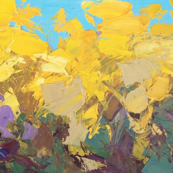A high-relief tactile surface detail of heavy oil paint layers creating a modern impressionist coastal flower field.