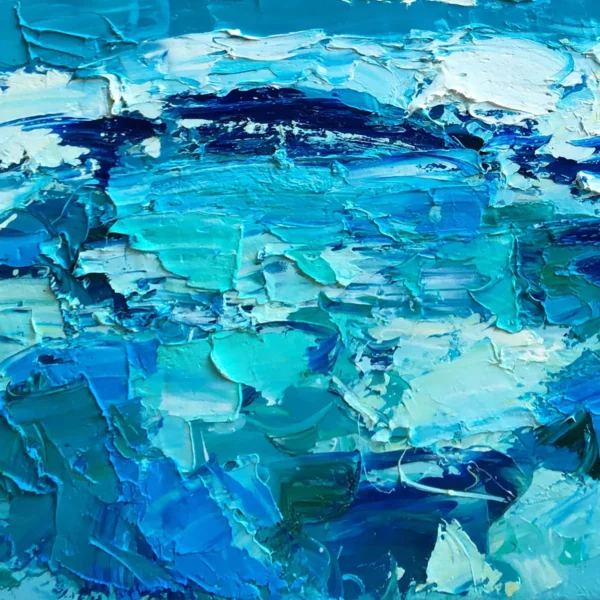 Detail of the tactile surface and bold relief of a modern impressionist ocean painting created with professional oil and palette knife.