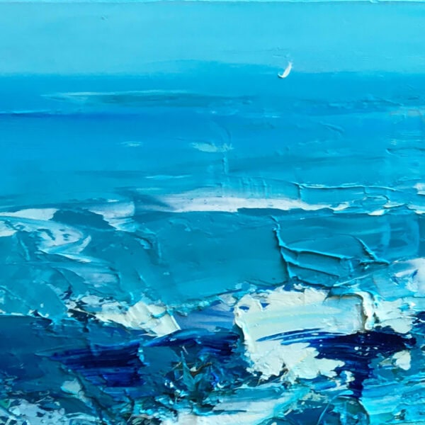 Close-up detail of a minimalist white sailboat on the calm blue horizon of an original ocean waves oil painting.