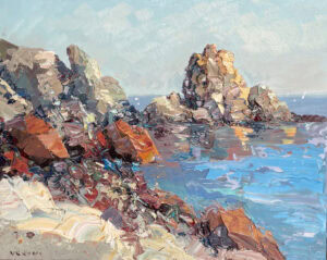 An original coastal rocks oil painting by Agostino Veroni, depicting a textured en plein air view of Mediterranean sea cliffs with heavy palette knife details.