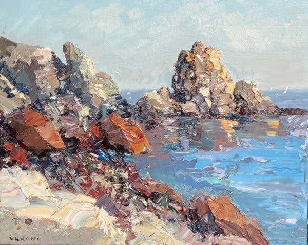 An original coastal rocks oil painting by Agostino Veroni, depicting a textured en plein air view of Mediterranean sea cliffs with heavy palette knife details.