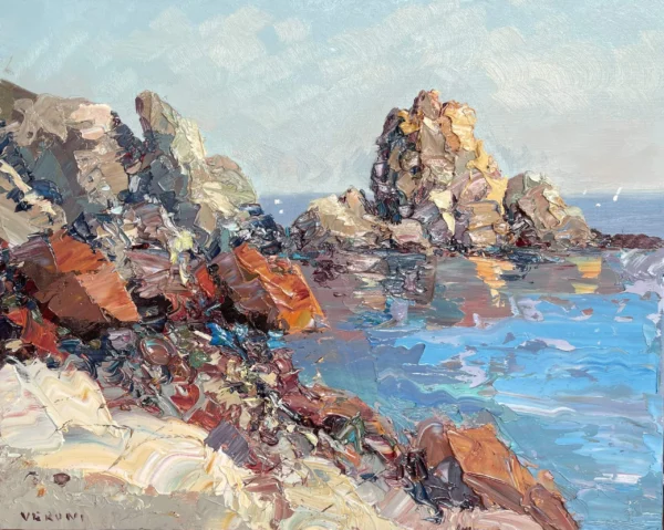 An original coastal rocks oil painting by Agostino Veroni, depicting a textured en plein air view of Mediterranean sea cliffs with heavy palette knife details.