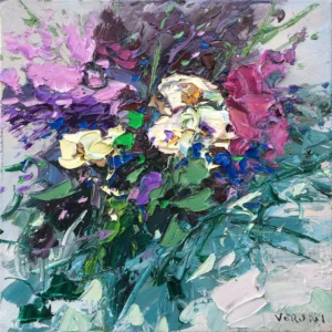 Original floral oil painting featuring thick palette knife impasto texture on canvas